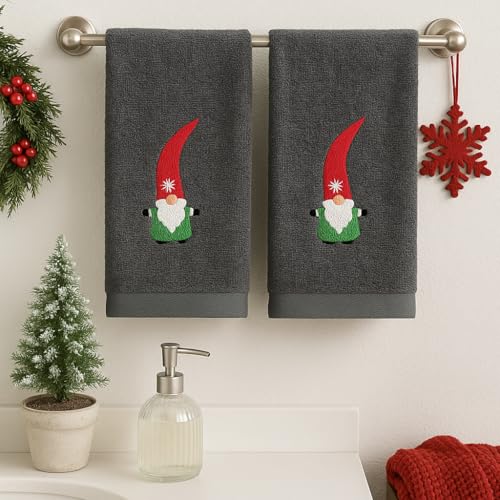 Christmas Gray Grey Guest Hand Bathroom Towels Elegant Winter Gnome, 16x26" - color: Nordic Gnome