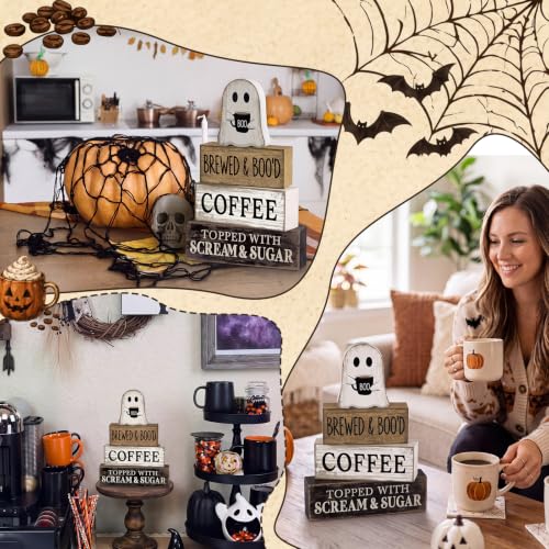Lineshading 4 Pcs Halloween Ghost Blocks, Wooden Coffee Farmhouse Decor - style: Brewed & Boo'd Coffee