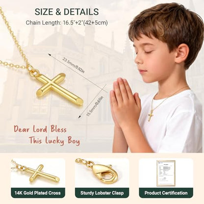 Gold Cross Necklace for Kids Teens - 14k Gold Plated Minimalist Cross Necklaces,Non Tarnish Golden Religious Faith Christening Jewelry,First Communion Baptism Confirmation Easter Gift for Girls Boys