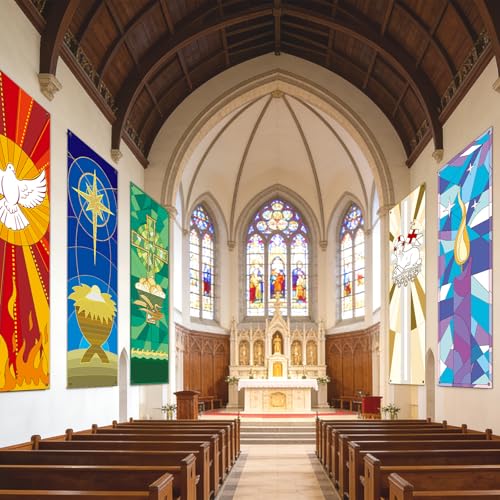 5 PCS Religious Church Banners Church Banners for Sanctuary Wall Welcome Religious Praise Hanging Sign Decorations for Holiday Churches Sunday School Decor Supplies 2 x 6 ft