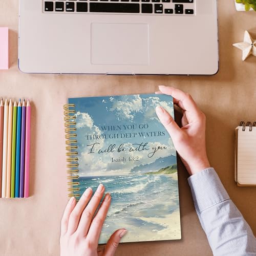 Ocean Christian Spiral Notebook, Coastal Bible Journaling Notebooks for Women Men, Religious Beach Hardcover Journals for Office 160 Pages 5.5 x 8.3 Inch, Scripture Gifts for Women Faith - color: Scenery03