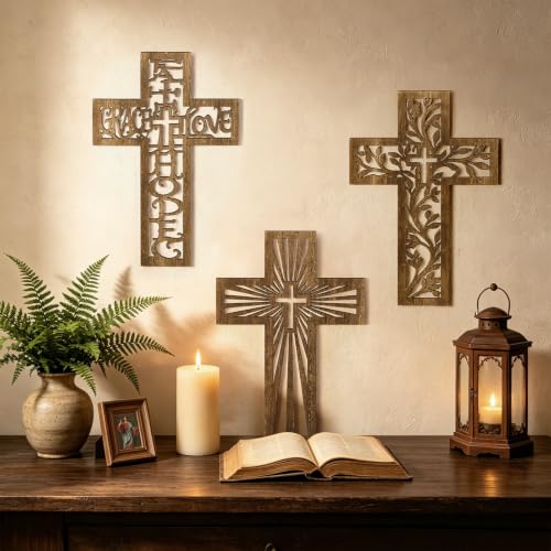 3 Pcs Wooden Cross Wall Decor, 12 Inch Wall Crosses for Christian Home