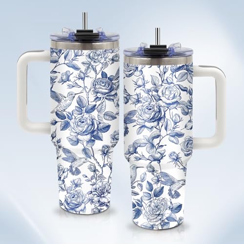 Christian Gifts for Women 40oz Tumbler - Insulated Travel Mug with Handle (Blue Floral1, 40 Ounces) - color: Blue Floral1