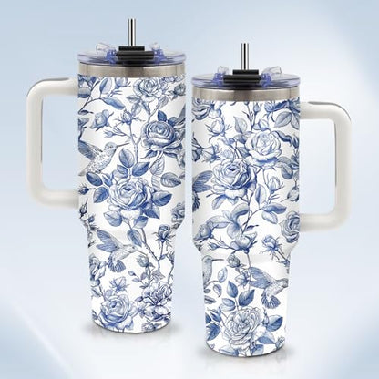 Christian Gifts for Women 40oz Tumbler - Insulated Travel Mug with Handle (Blue Floral1, 40 Ounces) - color: Blue Floral1