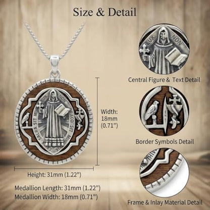 ONEFINITY Wooden Necklace Viking Wolf/St Benedict Medals/St Michael/Crucifix/St Christopher Pendant Necklace for Men Archangel Amulet Wooden Religious Jewelry Gifts for Men Women - style: St Benedict-Round