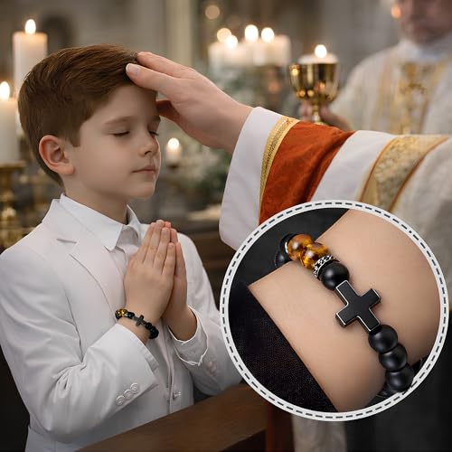 Christian Cross Bracelet Gift for Men Boys Adjustable Beaded Cross Bracelet Religious Jewelry with Message Card for Communion Baptism Confirmation Easter - style: Classic Cross Baptism