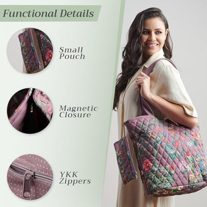 Maison d' Hermine Shopping Bags Cotton Quilted Tote Bag with Zipper Pockets - color: 032 - Eden - Violet