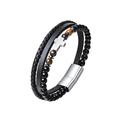 WFJ Men’s Christian Cross Bracelet Genuine Leather Multilayer with Tiger Eye & Black Beads Protection - size: Medium