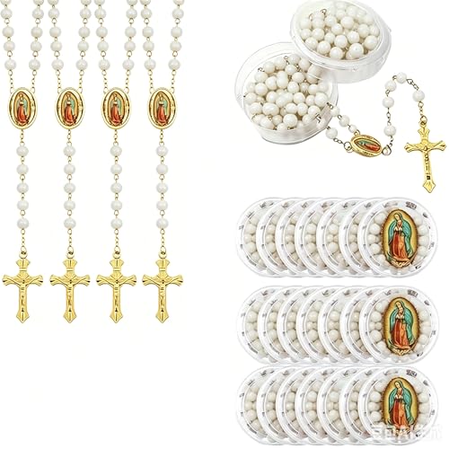 48 Pcs Scented Rosary Necklace Set with Gift Box – Wooden Bead Rosary with Crucifix for Women & Men, First Communion, Baptism, Party Favors - color: White Glod