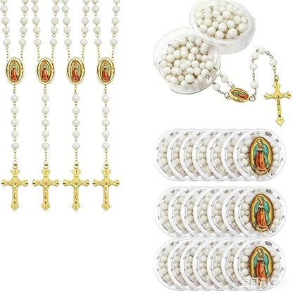 48 Pcs Scented Rosary Necklace Set with Gift Box – Wooden Bead Rosary with Crucifix for Women & Men, First Communion, Baptism, Party Favors - color: White Glod