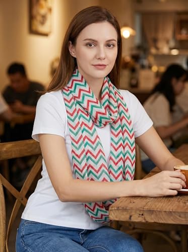 Lina & Lily Holiday Christmas Pattern Print Women's Infinity Scarf Lightweight - color: Red Green White, Chevron