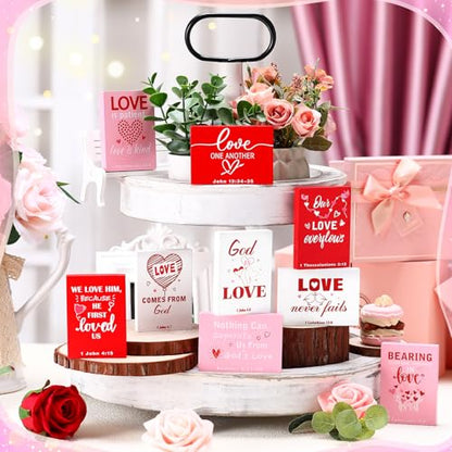 Yousoontic 9 Pcs Christian Valentine's Day Decor Bible Verse Religious Jesus Table Decorations Wood Block Sign Rustic Valentines Love Tiered Tray Decor for Church Home Shelf Table Top(Classic)