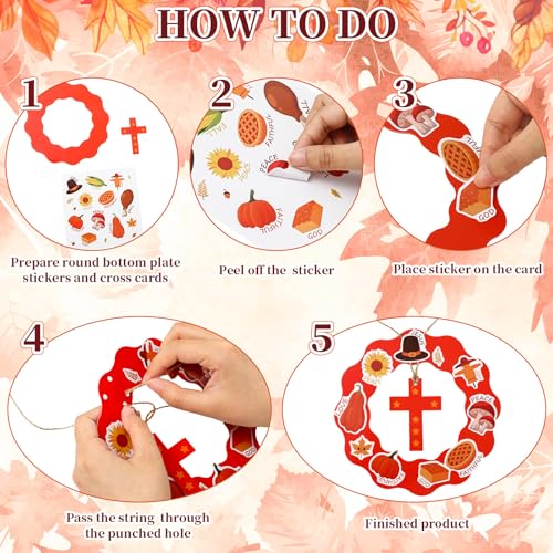 JarThenaAMCS 30 Set Fall Thanksgiving Wreath Craft Kit Autumn Christian DIY Crafts Make Your Own Wreath Cross Stickers Rope Hanging Ornament for Arts Activities Home Decorations