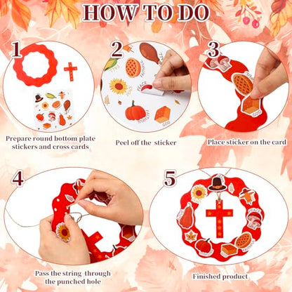 JarThenaAMCS 30 Set Fall Thanksgiving Wreath Craft Kit Autumn Christian DIY Crafts Make Your Own Wreath Cross Stickers Rope Hanging Ornament for Arts Activities Home Decorations
