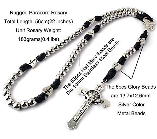 HanlinCC Catholic Stainless Steel Paracord Rosary St.Michael Medal for Men - color: Black Paracord Rosary