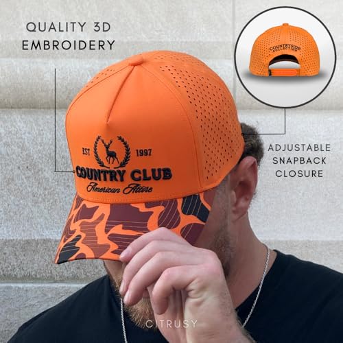 CITRUSY Athletic Trucker Golf Hat | Performance Mens 5 Panel Cap | Cool Breathable Waterproof Workout Running Snapback - color: Country Club | Blaze Orange