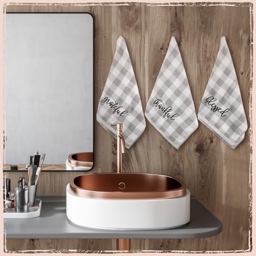 3 Pcs Gray Plaid Farmhouse Hand Towel Blessed Thankful Grateful Embroidered - color: Farmhouse, size: 13.3 x 29.5 inches