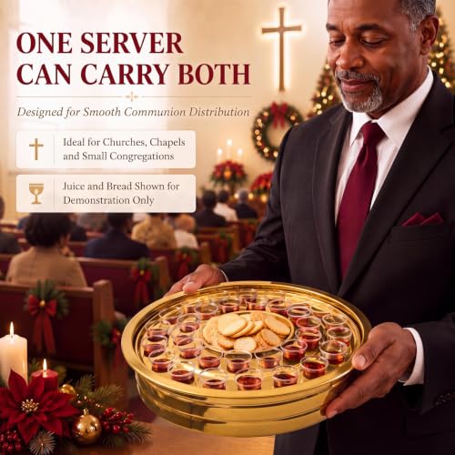 2-in-1 Gold Communion Tray Set for Churches with Lid, Hold Bread & 32 Cup