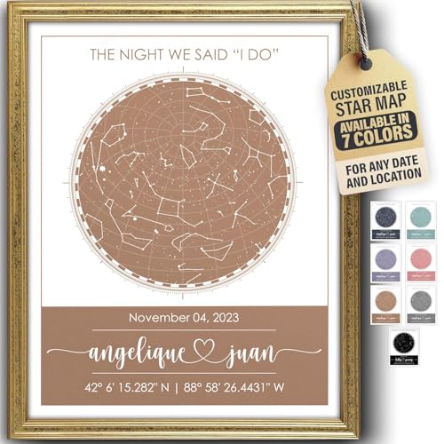 Custom Star Map - Fully Personalized (Your Details, Size, Color, Framing) | Romantic Gifts for Her | Gifts for Husband | Paper Anniversary Art Print | Great Gift for Special Ocassions (e.g. Wedding, Birthday, etc) - color: Brown, size: 11x14, style: Accen