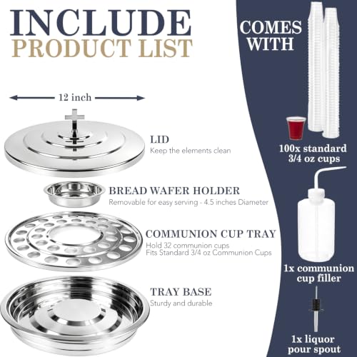 Holy Communion Tray with Lid, 2-in-1 Communion Cup Tray w/Central Removable Bread Wafer Holder, 32 Cup Stainless Steel Communion Set for Church Includes 100 Disposable Cups & Filling Bottle