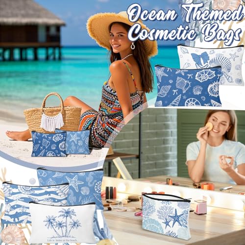 30 Pcs Coastal Makeup Bags Blue Bow Seashell Makeup Bag Ocean Themed Cosmetic Bags Bulk Portable Travel Toiletry Pouches Beach Gifs for Women Nautical Party Favors Beach Accessories - style: Ocean