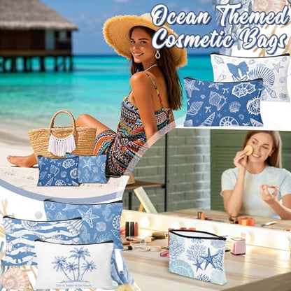 30 Pcs Coastal Makeup Bags Blue Bow Seashell Makeup Bag Ocean Themed Cosmetic Bags Bulk Portable Travel Toiletry Pouches Beach Gifs for Women Nautical Party Favors Beach Accessories - style: Ocean