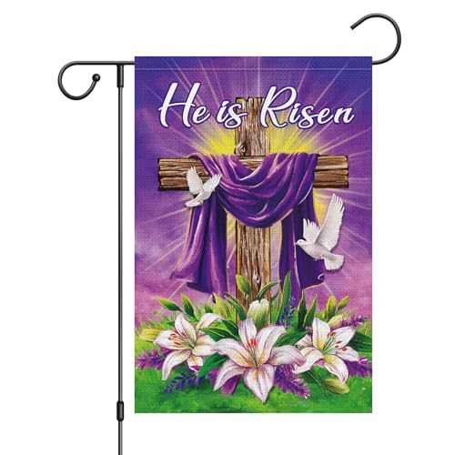 He is Risen Easter Garden Flag 12x18 Inch Double Sided Burlap, Christian Religious Easter Cross Lily Flower White Dove Yard Sign Spring Holiday Outdoor Decoration