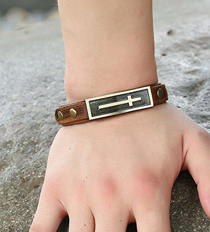 Men Punk Alloy Leather Bracelet Cross Bracelet Bangle Wristband - color: Cross