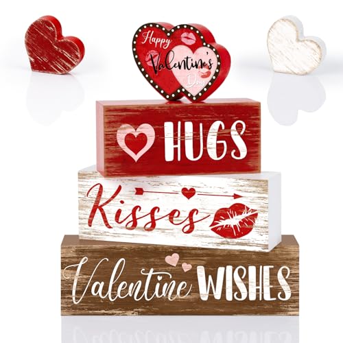 Britimes Tiered Tray Decor Set, 4 Pack, Wooden Table Sign, Heart Kisses - style: Be Mine Gift Valentine
