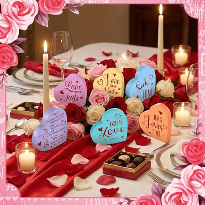 Funnymoom 6 Pcs Valentines Day Decorations Wooden Sign Christian Valentines Day Table Decorations Wood Heart Table Centerpiece Religious Bible Verses Tabletop Decor for Home Kitchen Office Desk Decor