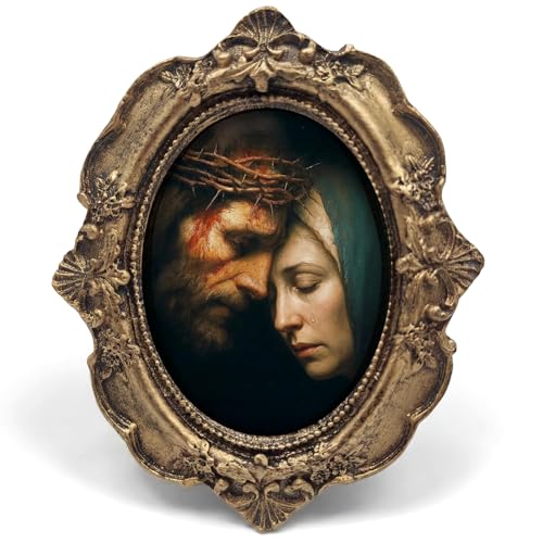 Christian Jesus and Mary Embrace Small Bronze Oval Picture Frame, Bible Verse Mini Ornate Photo Frame for Wall Art Decor TableTop Prayer Room, Vintage Framed Artwork Gifts for Office 4x5in - color: embrace