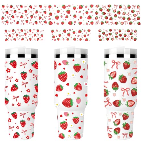 Rngmsi UV DTF Cup Wrap - 3 Set Strawberry UV DTF Cup Wrap for 40 oz Tumbler, Pink Red Berry Bow Flower Uvdtf Decals for Girls Women, Cute Sweet Waterproof Rub on Transfer Stickers, DIY Crafts - style: Strawberry