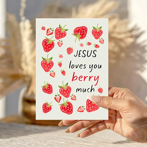 Jesus Loves You Berry Much Pun Card Sweet Christian Encouragement Cards Bible-Inspired Gift for Faith Prayer Friend Family Sunday School Student Bestie Coworker - color: Jesus Loves You Berry Much