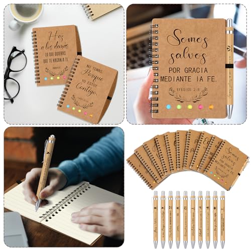 Resurhang 20 Set Spanish Christian Gifts Bulk for Father Religious Notebooks with Bible Verse Pen, Inspirational Spiral Prayer Journal Notepad Church Gifts for Women Men Sunday School (Brown)