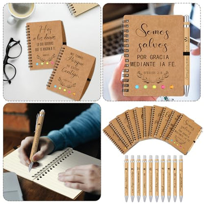 Resurhang 20 Set Spanish Christian Gifts Bulk for Father Religious Notebooks with Bible Verse Pen, Inspirational Spiral Prayer Journal Notepad Church Gifts for Women Men Sunday School (Brown)