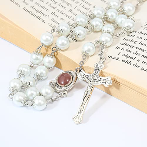 Nazareth Store Wedding White Pearl Beads Rosary Handcrafted Prayer Necklace with Holy Soil Medal and Jesus Cross Crucifix - size: Large (Pack of 2)