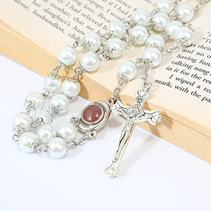 Nazareth Store Wedding White Pearl Beads Rosary Handcrafted Prayer Necklace with Holy Soil Medal and Jesus Cross Crucifix - size: Large (Pack of 2)