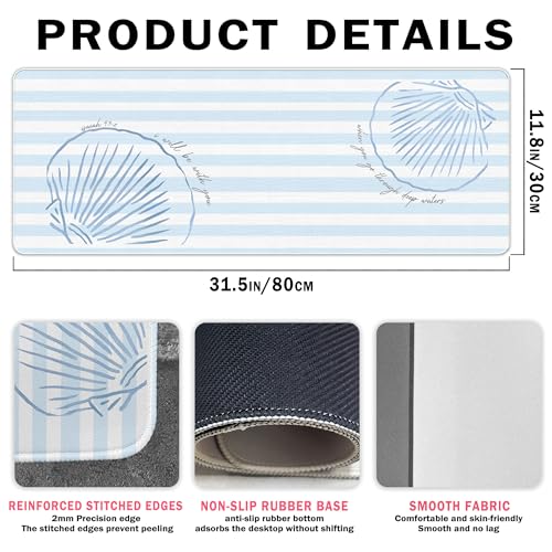 Beach Coastal Desk Mat Summer Blue Mouse Pad Large 31.5x11.8 - color: Blue Coastal Seashel, size: 31.5L x 11.8W inches