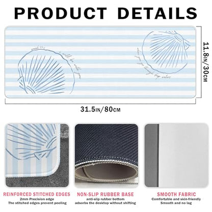 Beach Coastal Desk Mat Summer Blue Mouse Pad Large 31.5x11.8 - color: Blue Coastal Seashel, size: 31.5L x 11.8W inches