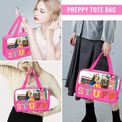 Chenille Letter Clear Makeup Bags Stuff Tote, Preppy Patch Makeup Bag Zipper with Handle, Waterproof PVC & Nylon Portable Glitter Large Cosmetic Travel Toiletry Storage for Women Girls(STUFF-Rose) - color: STUFF-Rose