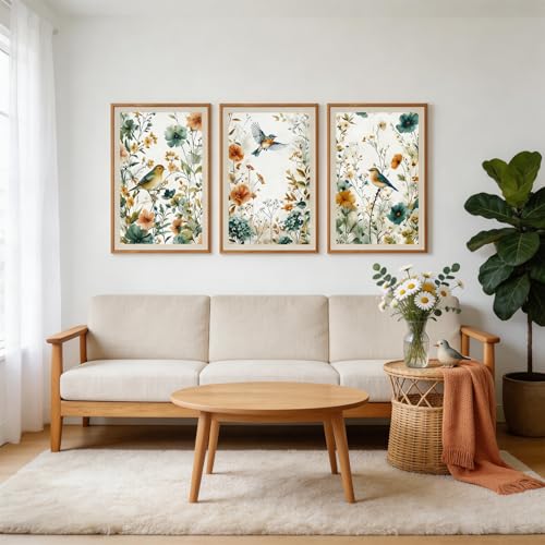 CHDITB 3 Pcs Boho Birds Flowers Framed Canvas Wall Art 16x24 Inch - color: Birds Wildflowers, size: 16"L x 24"W