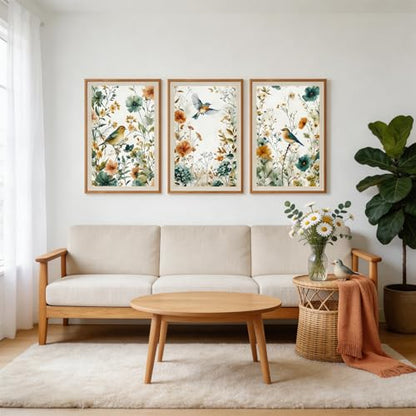 CHDITB 3 Pcs Boho Birds Flowers Framed Canvas Wall Art 16x24 Inch - color: Birds Wildflowers, size: 16"L x 24"W