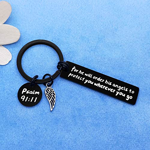 Dabihu Christian Gift Keychain Religious Gift Bible Verse Keyring Baptism Christmas Easter Birthday First Communion Gift - color: For He Will Order His to Protect You Wherever You Go Black Keychain
