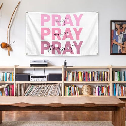 Pink Inspirational Decor Tapestry 3x5 Ft Pray on it Pray Over It Pray Through it Bible Verse Wall Art Christian Gifts for Women Dorm Room Wall Decoration