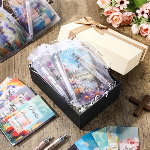 Moinchore 200 Pcs Christian Gift for Women Christian Accessories Include 50 Bible Verses Notebook 50 Church Bookmark 50 Ballpoint Pen Organza Bag Gift for Christmas Church Motivational (Oil Painting) - style: Oil Painting