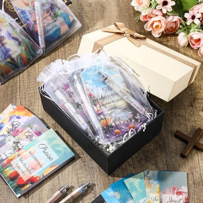 Moinchore 200 Pcs Christian Gift for Women Christian Accessories Include 50 Bible Verses Notebook 50 Church Bookmark 50 Ballpoint Pen Organza Bag Gift for Christmas Church Motivational (Oil Painting) - style: Oil Painting