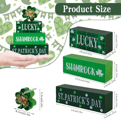 4 Pcs St.Patrick's Day Table Signs Lucky Shamrocks Table Centerpieces Wooden Shamrock Block Signs St Patricks Day Decorations Irish Tiered Tray Decor for Home Office Desk Kitchen Shelf - style: St Patricks