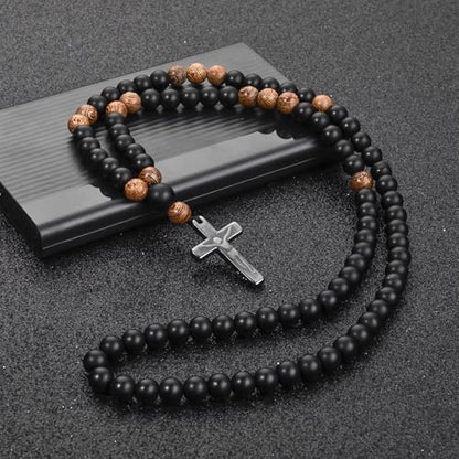 Black Onyx Glass Beads Men's Tiger Eye Stone Bead Necklace - color: Cross Pendant