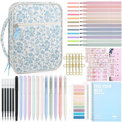 Bible Cover for Women Bible Case Large Bag Study Supplies Journaling Kit Book Carrying Case with Highlighters Christian Gifts for Women - color: Blue Flower Jumbo Pack, size: Upgraded Set