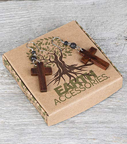 Earth Accessories Dangle Cross Earrings for Women or Men - Dangly Cross Earring with Organic Wood